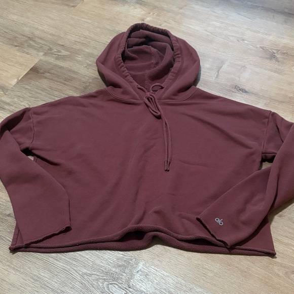 ALO Yoga Tops - Alo Yoga Cropped Raw Hem Mauve Hoodie Medium